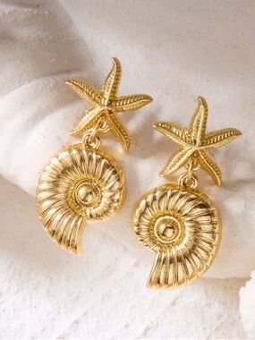 Gold Starfish & Nautilus Drop Earrings - Women Jewelry